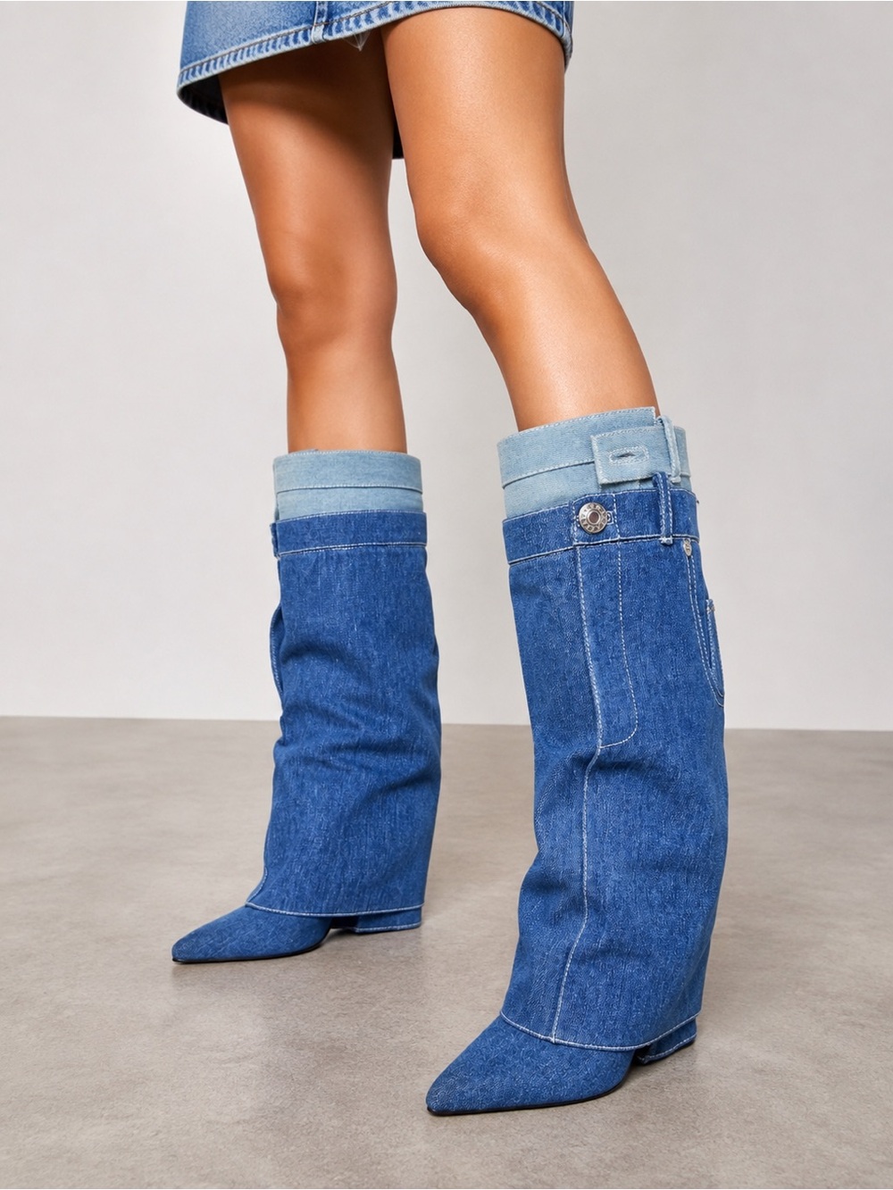 Azalea Wang Doublefly Denim Knee High Pointed Toe Boots NIB